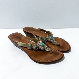 Mystique Jeweled Crystal Turquoise Look alike T-Strap Thong Leather Sandals